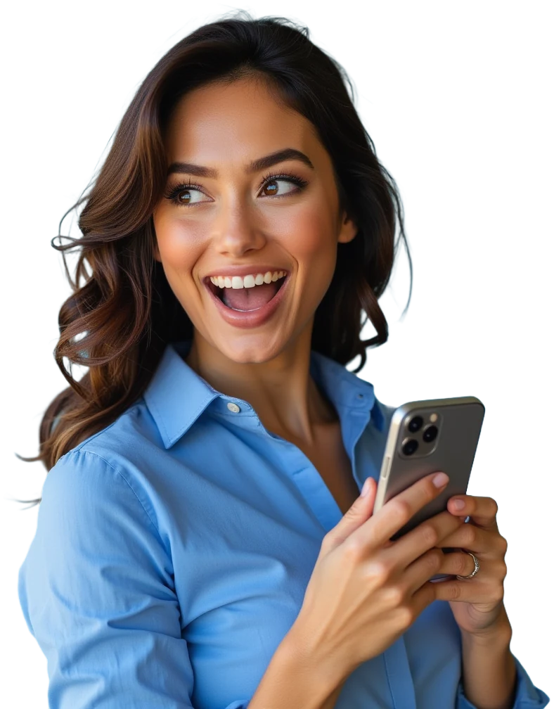 Mulher sorrindo ao olhar para o celular, imagem da TopX