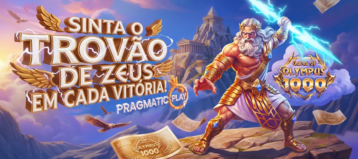Banner do Gates of Olympus 1000 da Pragmatic Play na TopX, com Zeus lançando um raio