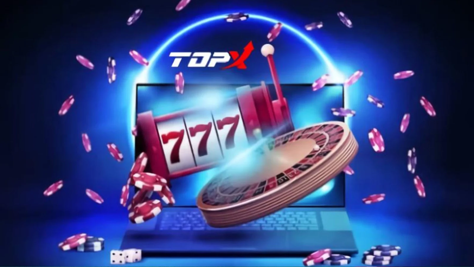 Notebook com rolos de caça-níqueis e fichas em volta, imagem da TopX