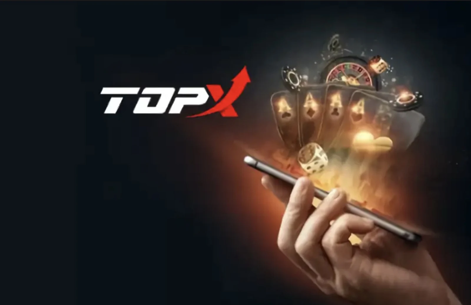 Mão segurando um celular com cartas e fichas saindo da tela, com o logotipo da TopX