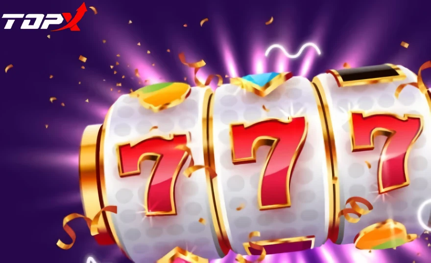 Rolos de slot com três setes alinhados e o logotipo da TopX
