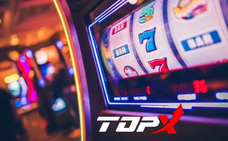Máquina de caça-níqueis em destaque com o logotipo da TopX
