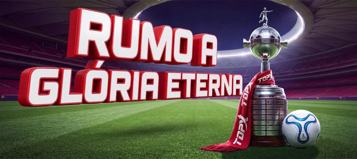 Banner da TopX com troféu, bola e a frase Rumo à glória eterna sobre um gramado